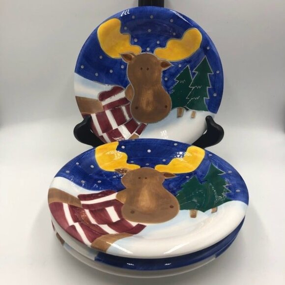 Vintage St. Nicholas Square Ceramic Set of 4 Plates 1999 Reindeer Christmas - Picture 4 of 11